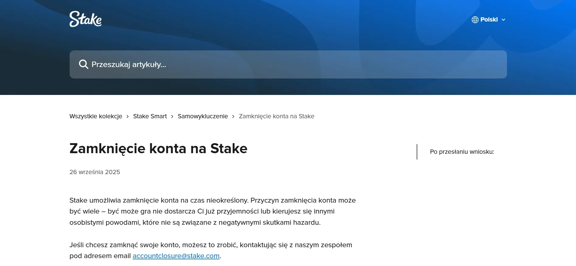 artykul w centrum pomocy dotyczacy procedury zamkniecia konta stake