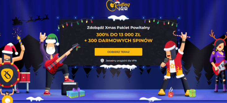 1. Pakiet Powitalny Xmas w Rolling Slots