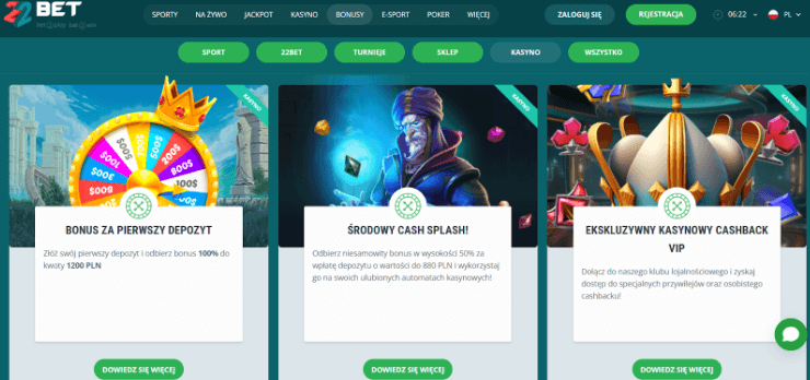 BONUSY KASYNOWE W 22 Bet CASINO