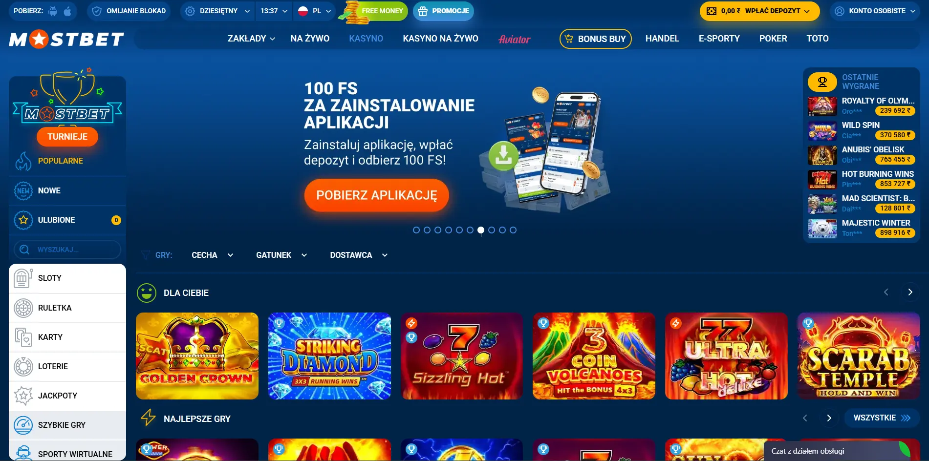 Strona gł&oacute;wna MostBet casino online zrzut ekranu