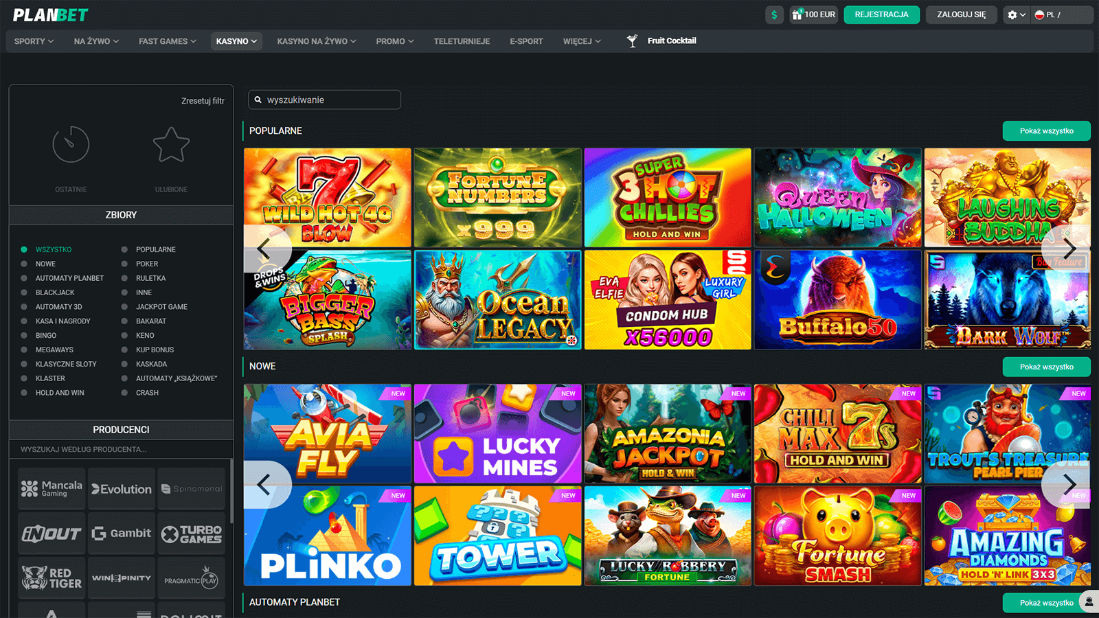 PlanBet Casino Homepage PL