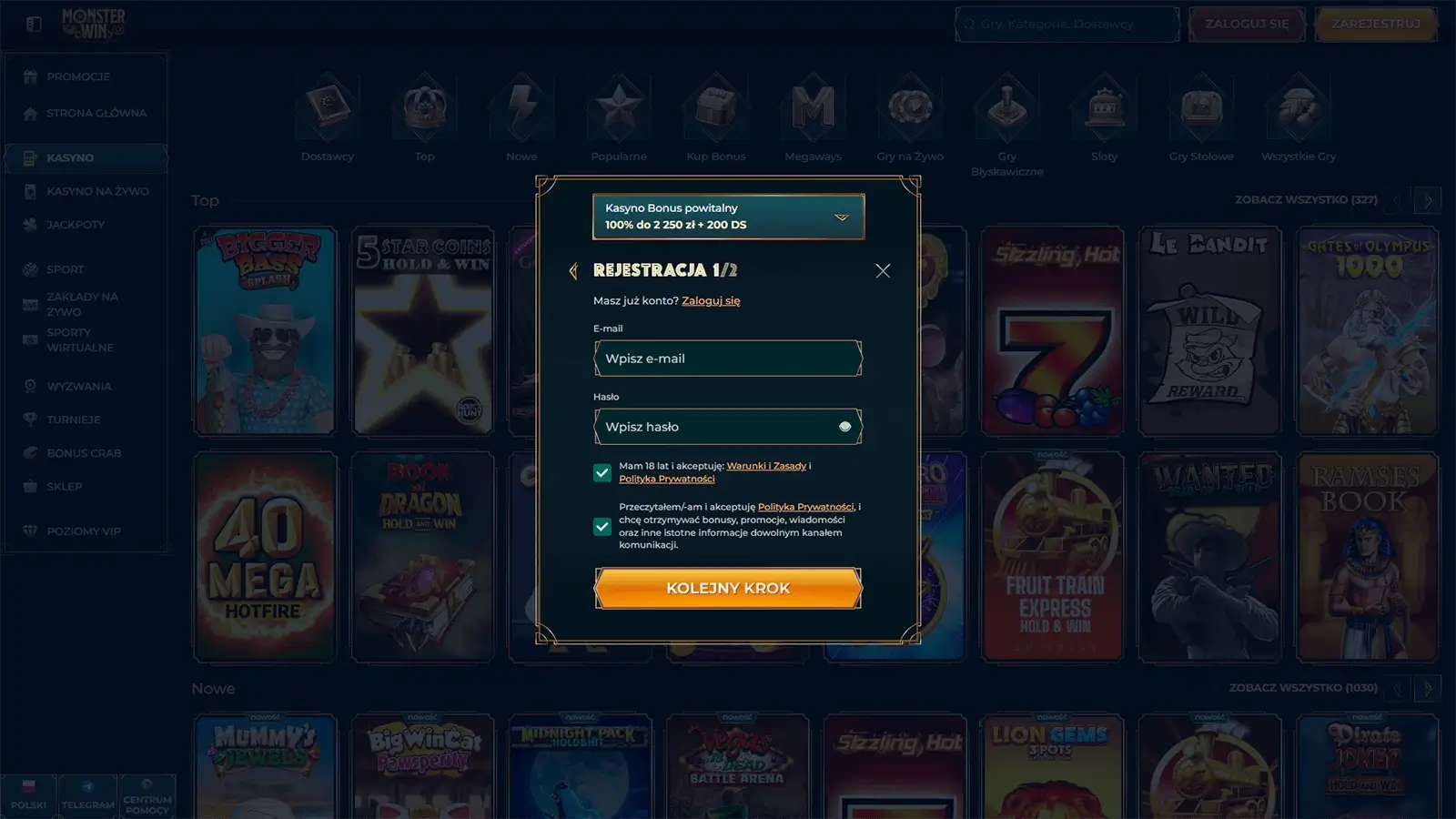 Rejestracja w kasynie MonsterWin