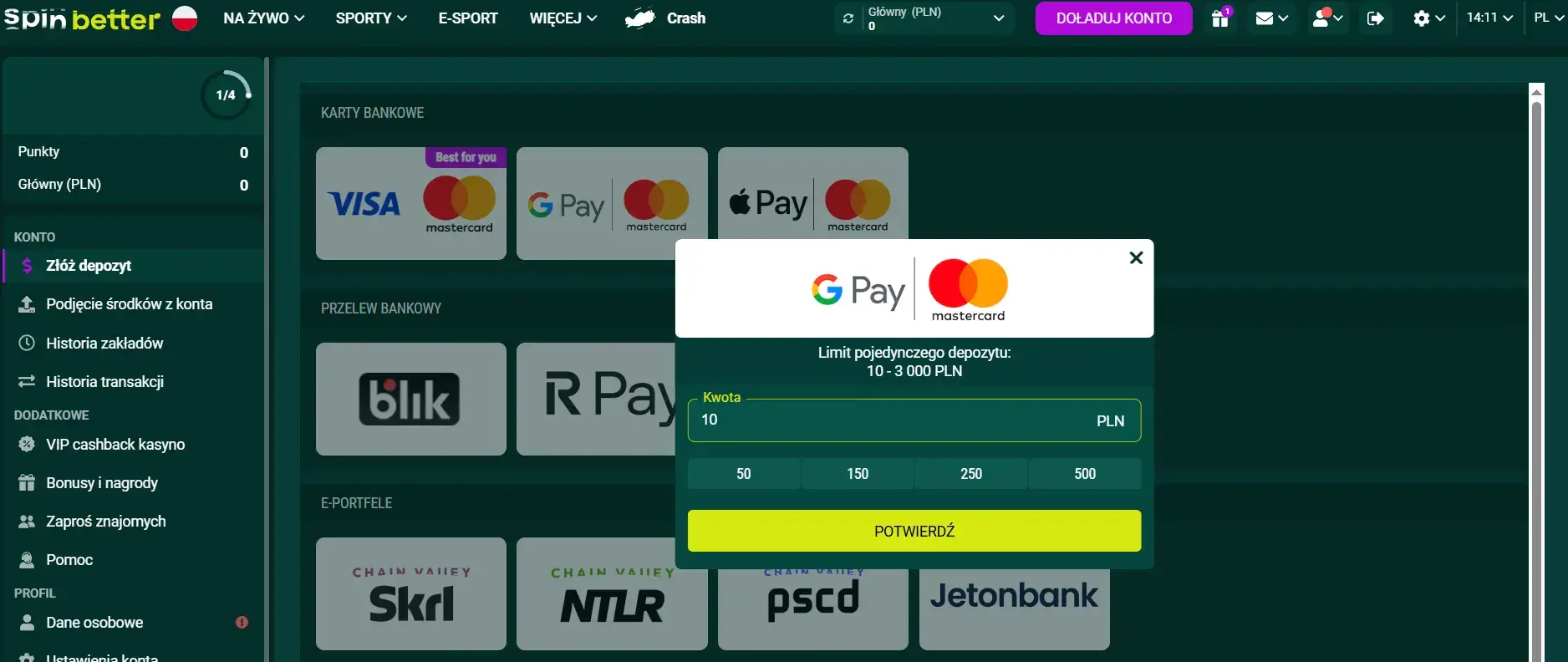 Spinbetter kasyna depozyt google pay 10 PLN