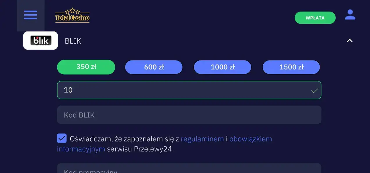 Total kasyno minimalny depozyt 10 zl blik