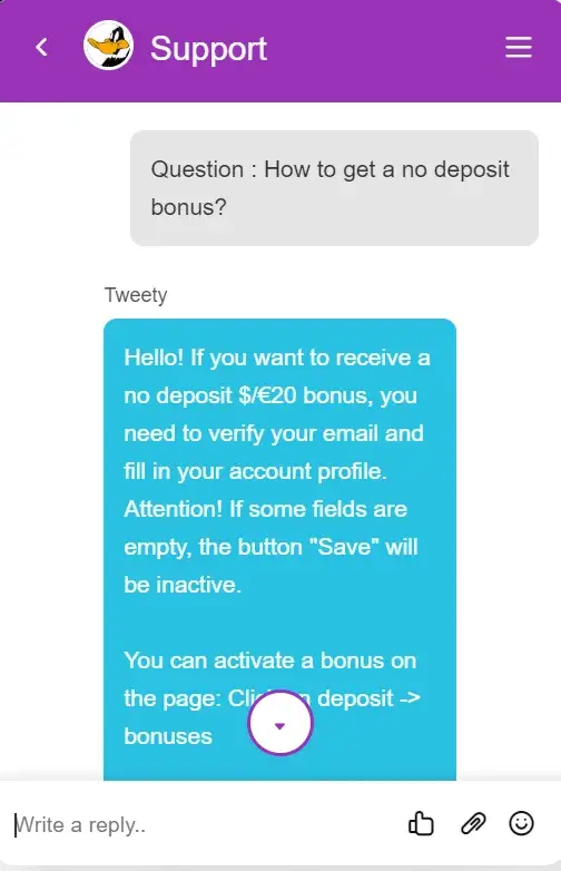 ekran czatu wsparcia technicznego kasyna beep beep z odpowiedzią na pytanie jak otrzymać bonus bez depozytu, instruującą, że należy zweryfikować email i uzupełnić profil, aby otrzymać $€20 bonusu.