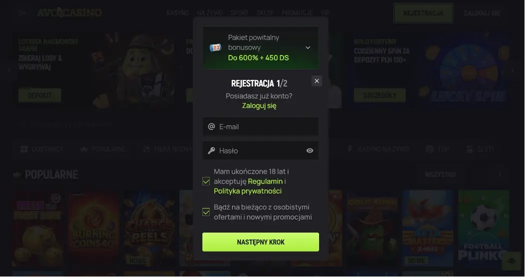 formularz rejestracji avocasino
