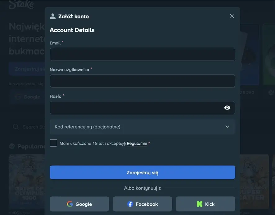 formularz rejestracji i zakladania nowego konta stake