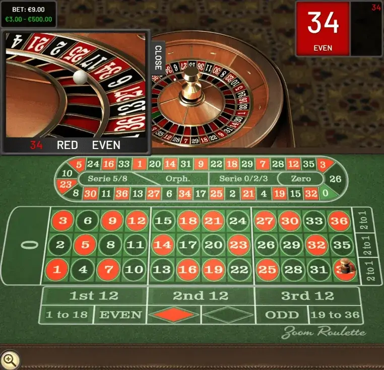 Interfejs gry zoom roulette z widokiem na stół i wygraną na numerze 34