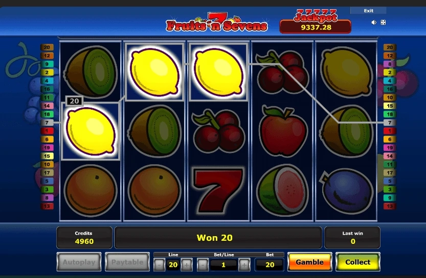 Maszyna hazardowa na prawdziwe pieniądze Fruits n Sevens z symbolami owoców