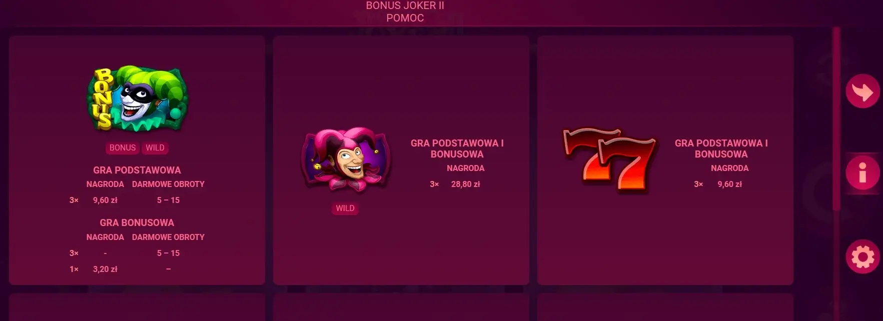 Tabela wygranych i opis funkcji specjalnych w grze Bonus Joker II