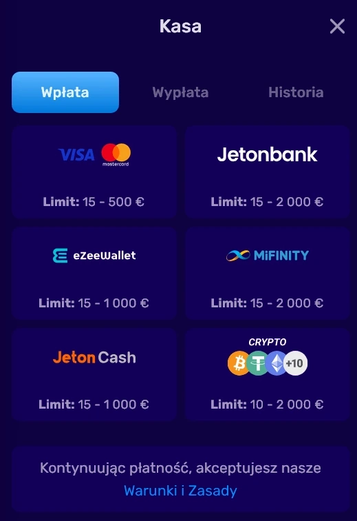 okno wplaty depozytu z opcjami platnosci magic365