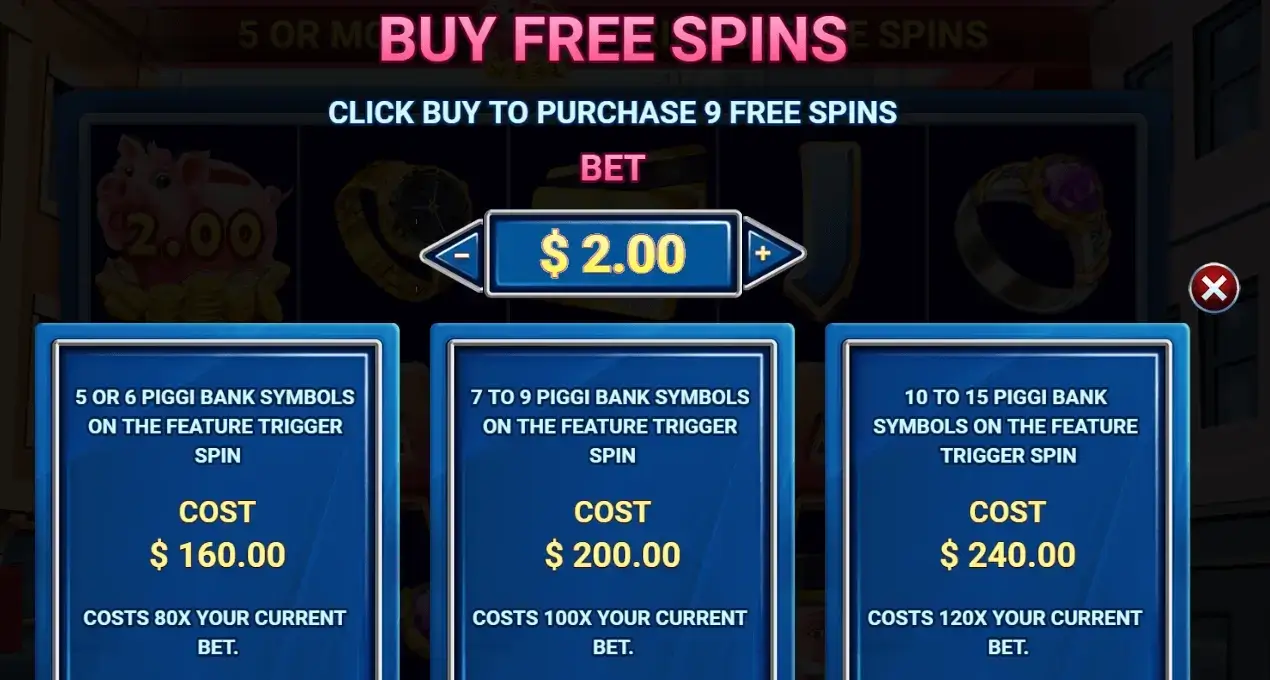 Opcje zakupu bonusu Buy Free Spins w grze Piggi Bank