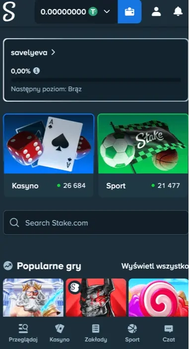 panel glowny uzytkownika pokazujacy postep vip oraz glowne kategorie stake