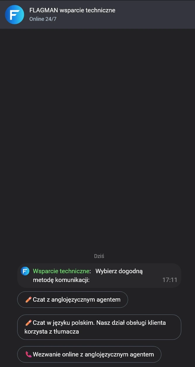 panel wsparcia technicznego i wyboru jezyka kontaktu w kasynie flagman