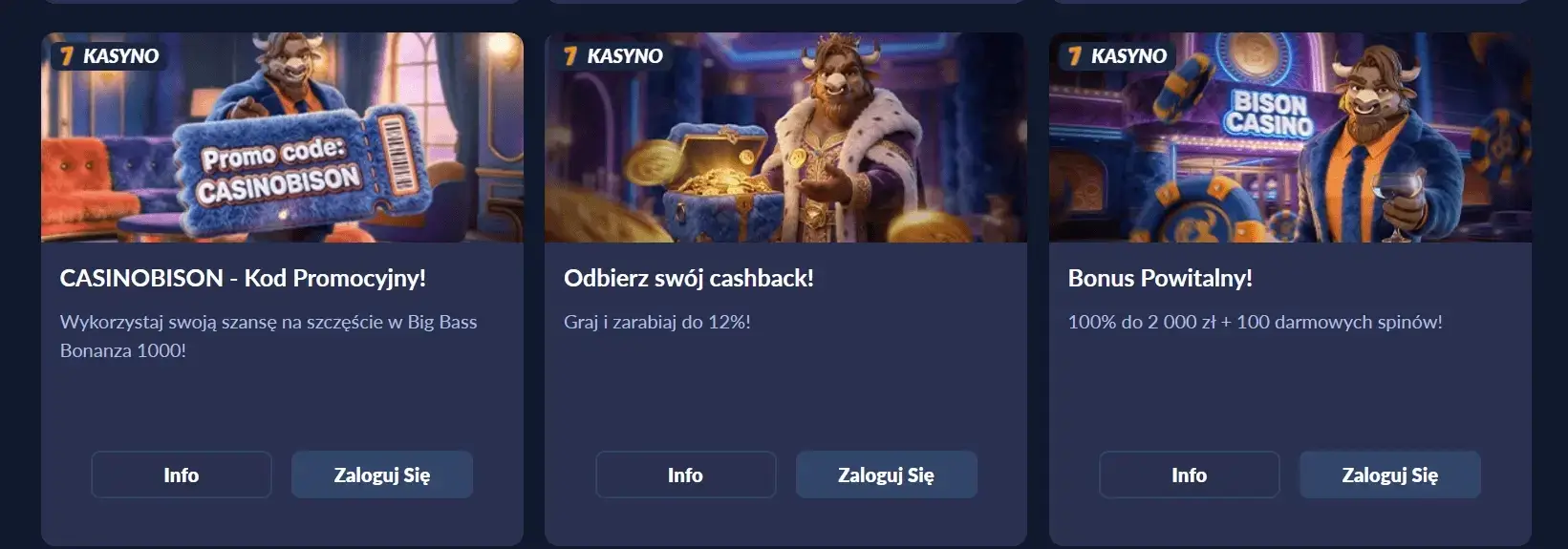 Promocje Bison Casino: kod promocyjny CASINOBISON na darmowe spiny, cashback i bonus powitalny