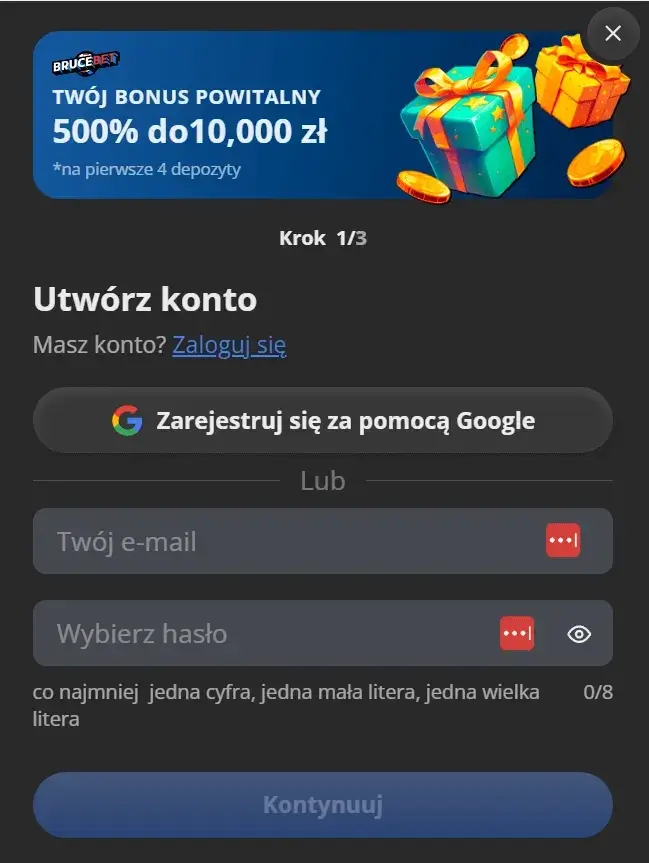 rejestracja i logowanie w bruce bet casino