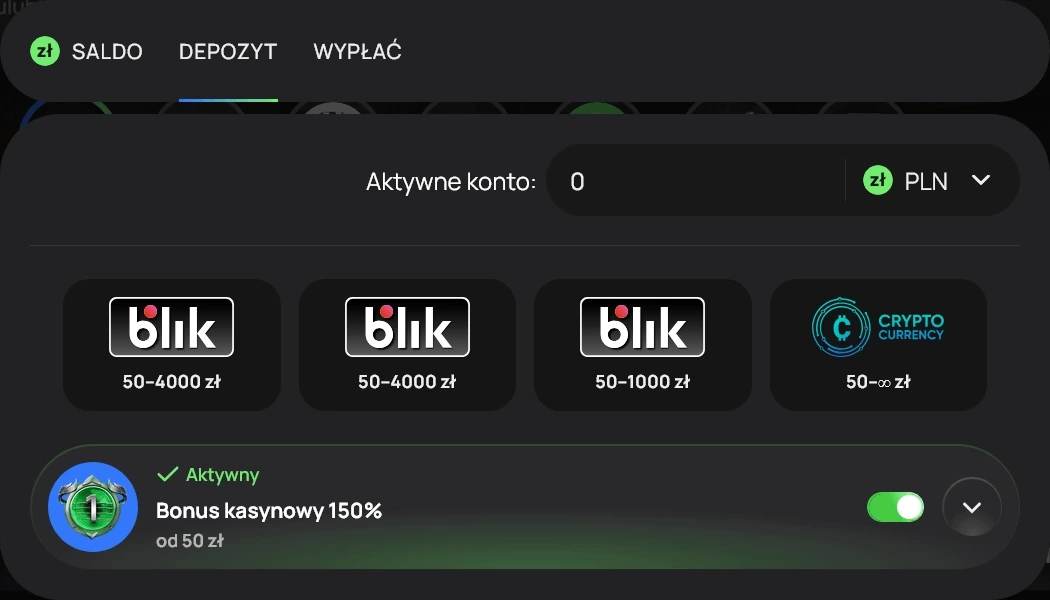sekcja depozytow z widocznymi metodami platnosci blik oraz aktywnym bonusem kasynowym flagman