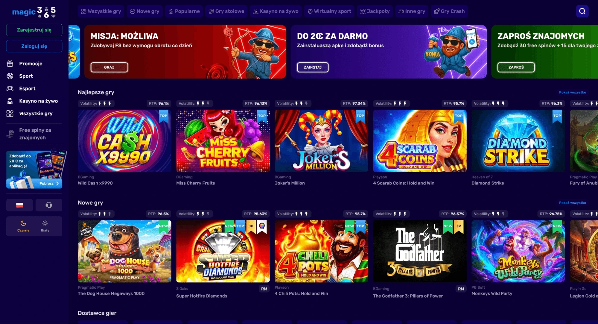strona glowna kasyna online magic365 z wyroznionymi grami i banerami
