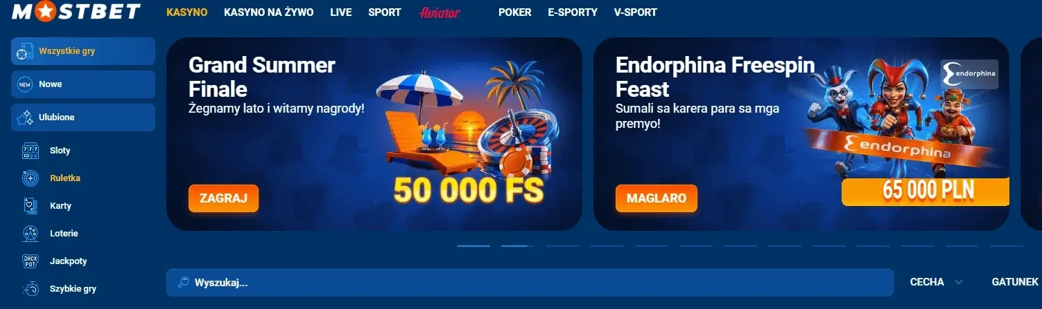 Strona gł&oacute;wna Mostbet Kasyno z promocyjnymi banerami i menu gier (1)
