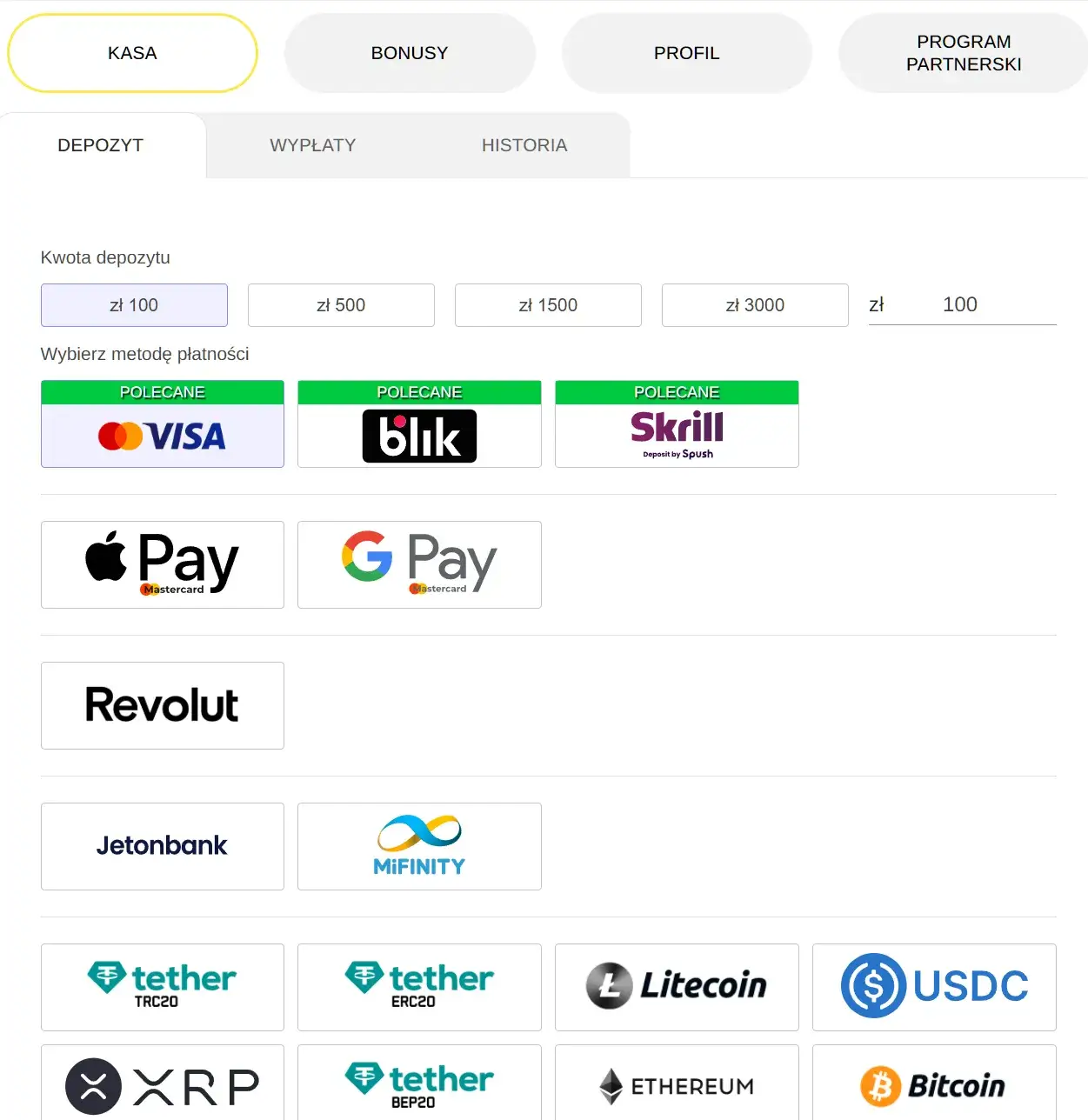 strona wpłat i wypłat (kasa) w kasynie beep beep, prezentująca różne metody depozytu, w tym karty visa, blik, skrill, apple pay, google pay, revolut, jetonbank, mifinity oraz różne kryptowaluty.