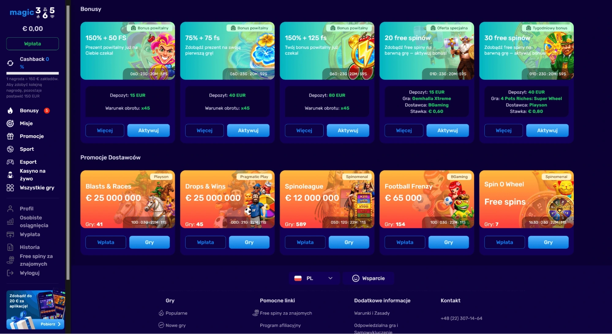 strona z bonusami i promocjami kasynowymi magic365