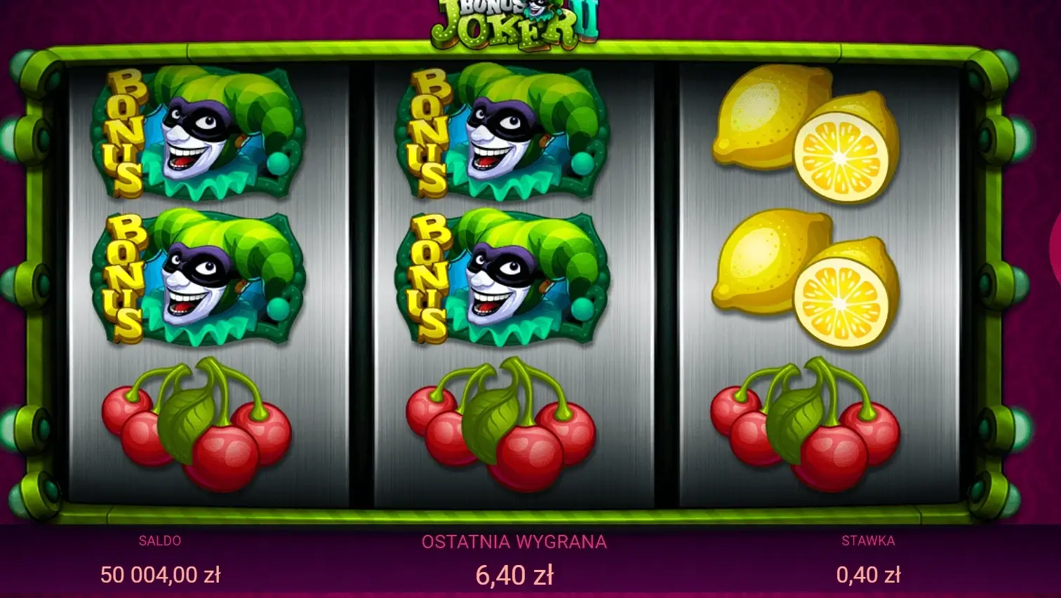 Wygrana w Bonus Joker II z zielonymi symbolami Bonus Joker na bębnach