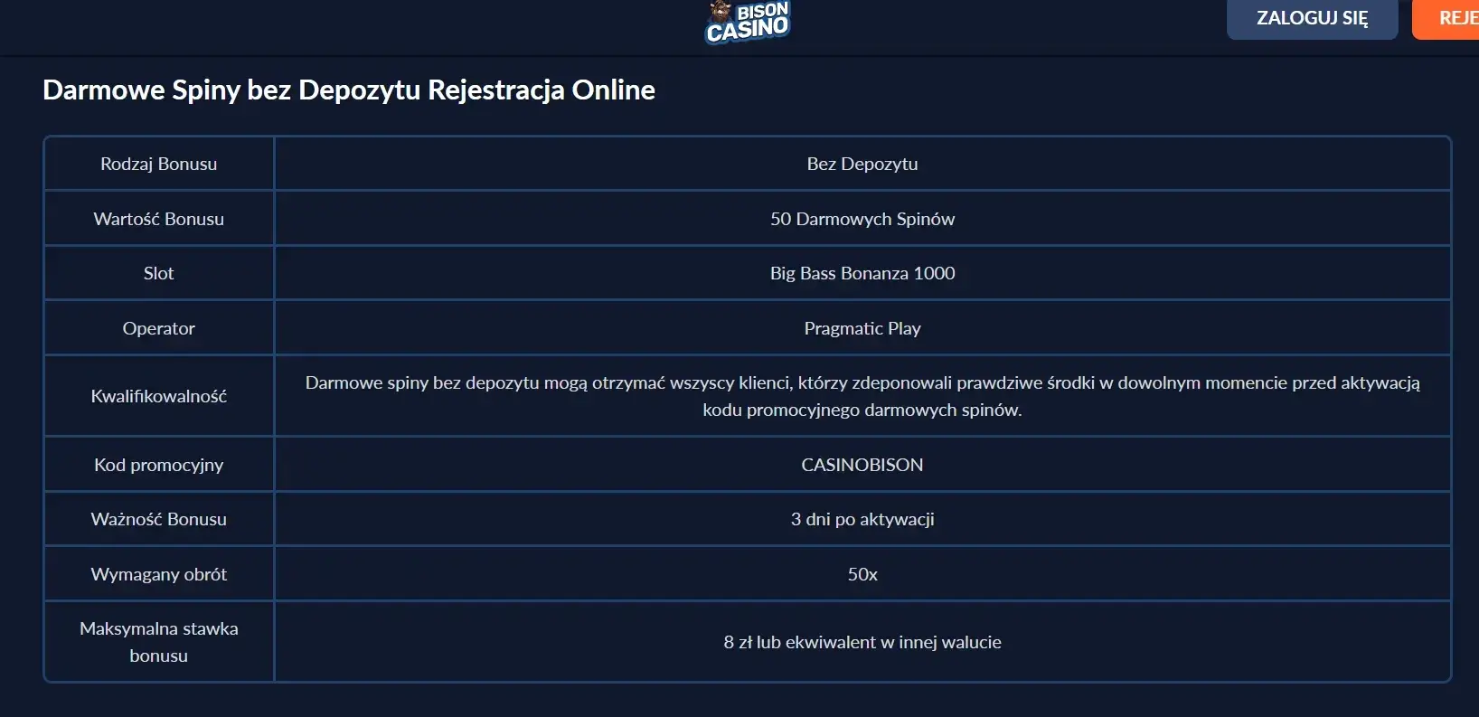 Tabela z warunkami kodu promocyjnego CASINOBISON na 50 darmowych spinów w Bison Casino