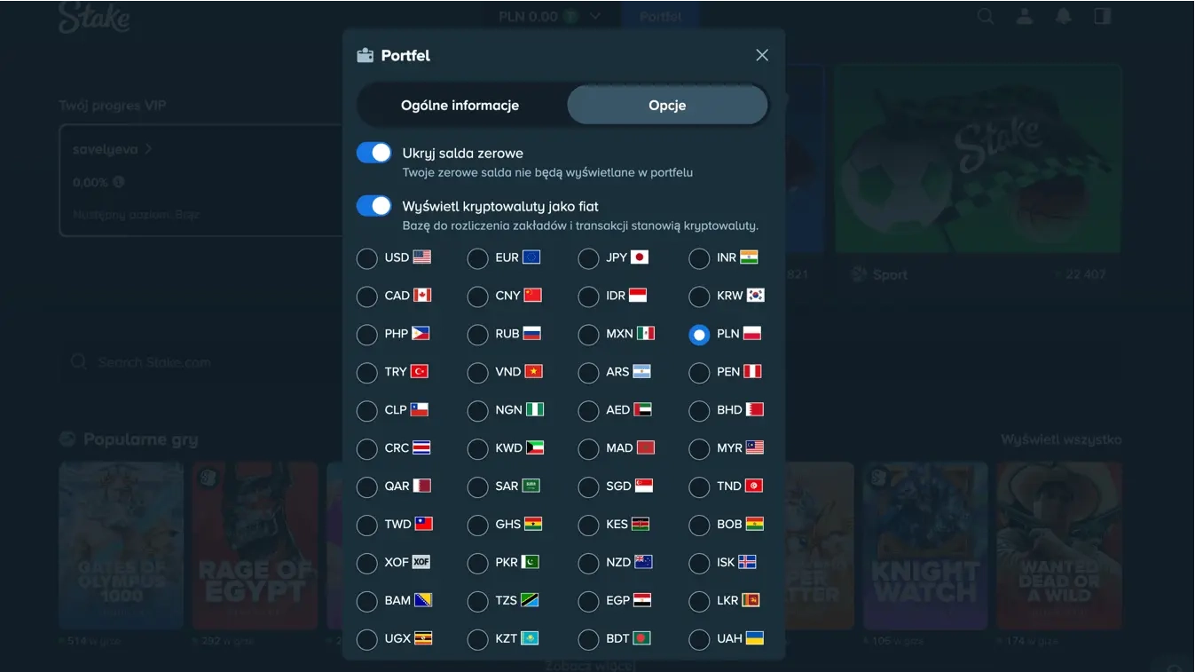 ustawienia portfela i opcje wyboru walut stake