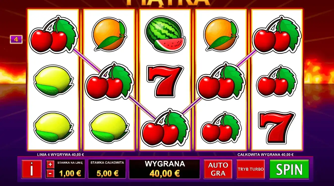 Wygrana linia z symbolami wiśni w slocie Stars Ablaze ze stawką €5 i wygraną €40