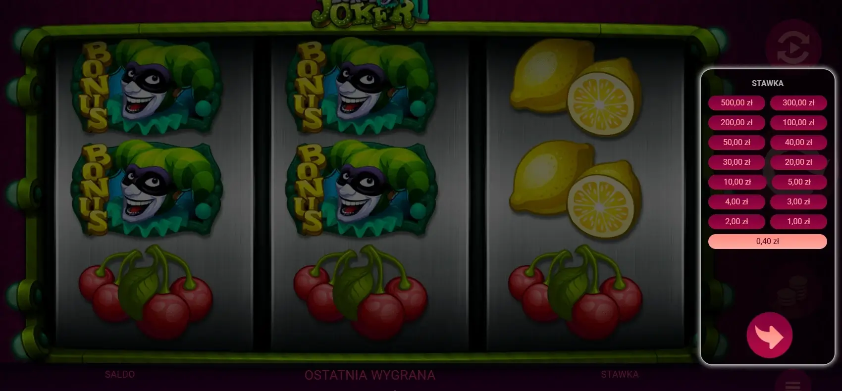 Menu wyboru stawki zakladu w slocie Bonus Joker II od Apollo Games
