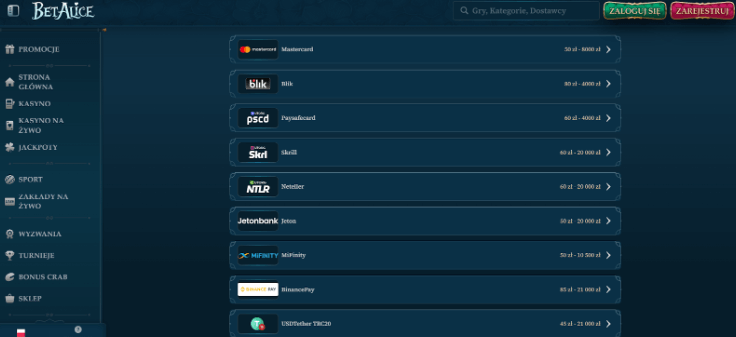 Płatności w kasynie BetAlice
